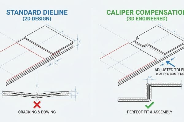 Corrugated board assembly comparison: Standard Dieline (2D Design) causes Cracking & Bowing, while Caliper Compensation (3D Engineered) ensures Perfect Fit & Assembly.