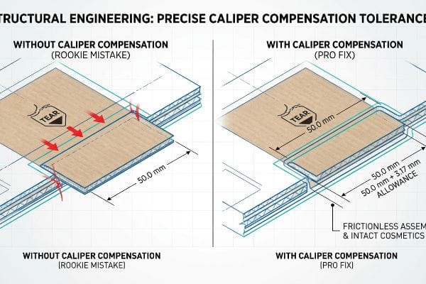 Caliper Compensation Comparison Corrugated board diagrams show a 50.0 mm tab tearing without caliper compensation (Rookie Mistake) versus frictionless assembly with a 3.17 mm allowance (Pro Fix).