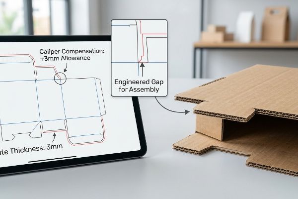 Corrugated cardboard assembly next to a tablet displaying a dieline with Caliper Compensation and an Engineered Gap for Assembly.