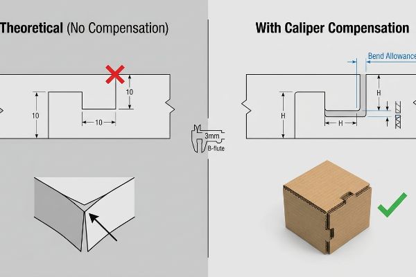3mm B-flute corrugated board diagrams comparing Theoretical (No Compensation) with Caliper Compensation, showing a gapped corner versus a perfectly square box.