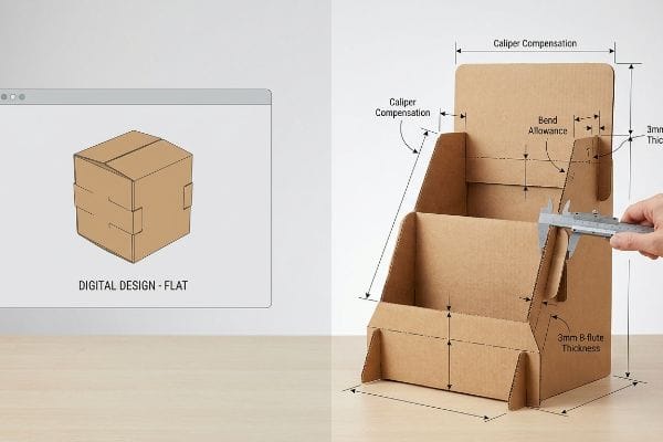 Corrugated display engineering with caliper compensation, bend allowance, 3mm B-flute thickness, and a Digital Design - Flat rendering.