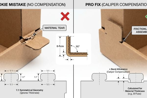 Brown corrugated cardboard display shows a comparison between a 'Rookie Mistake (No Compensation)' with a 'Material Tear' and a 'Pro Fix (Caliper Compensation)' resulting in 'Frictionless Assembly'. Diagrams illustrate 1:1 Symmetrical Geometry versus 'Bend Allowance' for 'Material Thickness' like 'B-Flute'.