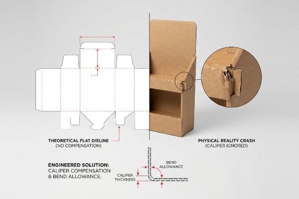 Visual comparison of a Theoretical Flat Dieline and a Physical Reality Crash in a cardboard display, illustrating the Engineered Solution with Caliper Compensation and Bend Allowance, showing Caliper Thickness.