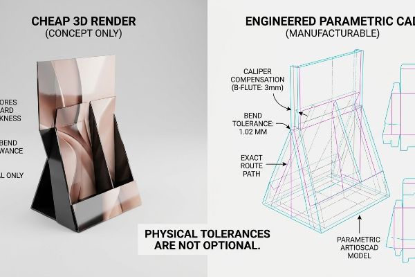 A split image contrasts a glossy Cheap 3D Render (Concept Only) with an Engineered Parametric CAD model, detailing Caliper Compensation (B-Flute: 3mm) and Bend Tolerance: 1.02 MM for manufacturability.