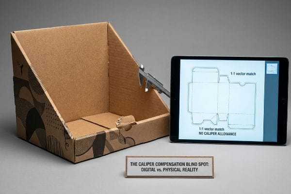 Corrugated cardboard display box with a digital caliper, beside a tablet displaying a 1:1 vector match dieline and 'No Caliper Allowance'. A sign reads 'The Caliper Compensation Blind Spot: Digital Vs. Physical Reality'.