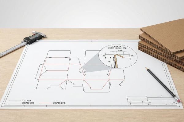 Cardboard box dieline blueprint on a wooden desk, showing Caliper Compensation for corrugated board bend allowance, with a digital caliper.