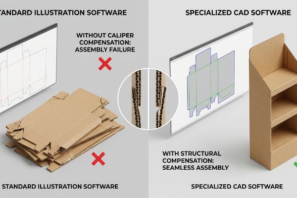 Corrugated cardboard assembly failure without Caliper Compensation from Standard Illustration Software, contrasted with seamless assembly using Specialized CAD Software.
