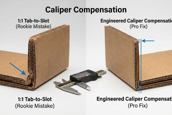 Corrugated board comparison of 1:1 Tab-to-Slot Rookie Mistake with a crushed fold versus Engineered Caliper Compensation Pro Fix, measured by a digital caliper.