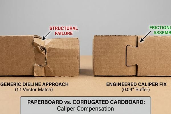 Corrugated cardboard comparison: generic dieline failure vs. engineered caliper fix with 0.04" buffer for frictionless assembly.