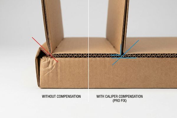 Brown corrugated single wall cardboard box corners, contrasting a crumpled fold without compensation with a precise 90-degree fold achieved with Caliper Compensation (Pro Fix).