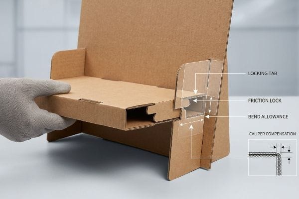 Brown corrugated cardboard display assembly, highlighting Locking Tab, Friction Lock, Bend Allowance, and Caliper Compensation diagram.