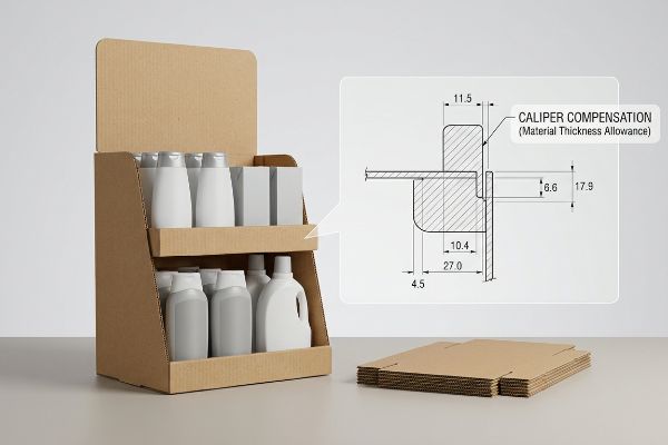 Corrugated PDQ display with bottles, alongside a Caliper Compensation diagram showing Material Thickness Allowance.
