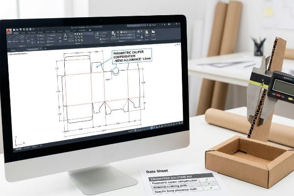 Corrugated board thickness is measured by digital calipers, alongside a computer displaying a CAD dieline with Parametric Caliper Compensation and 1.5mm bend allowance.