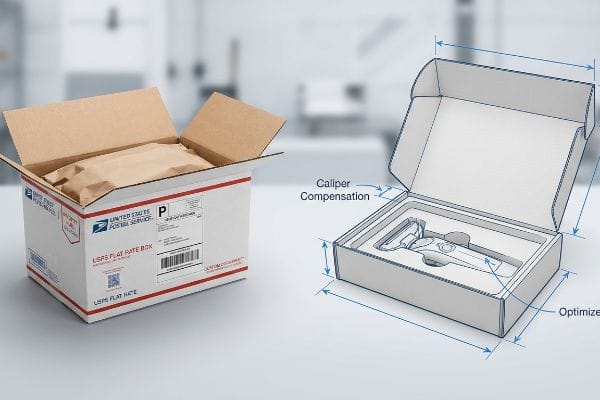 White USPS Flat Rate Box with crumpled brown paper, alongside a custom box diagram detailing Caliper Compensation for optimized fit.