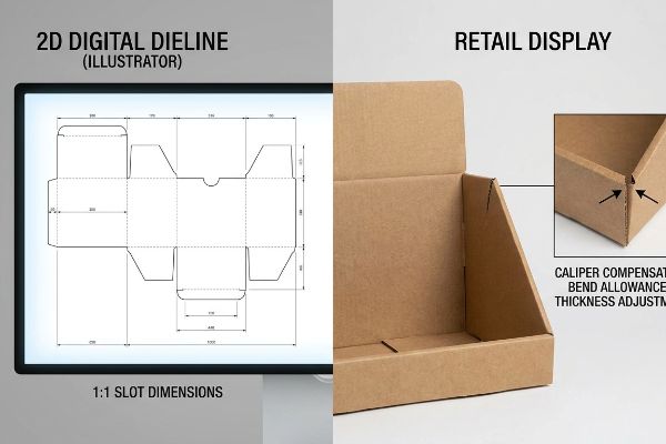 A split image displays a 2D Digital Dieline in Illustrator with 1:1 Slot Dimensions and a physical corrugated Retail Display, detailing Caliper Compensated Bend Allowance Thickness Adjustment.