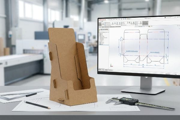 Brown cardboard display stand, digital caliper, and blueprints, with a monitor showing a CAD dieline for Caliper Compensation and Fold Allowance.