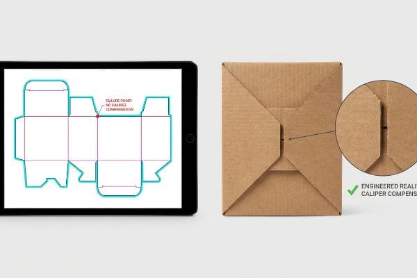 Brown corrugated box showcasing Engineered Reality: Caliper Compensated interlocking flaps, contrasted with a tablet displaying a 2D dieline's Failure Point: No Caliper Compensation.