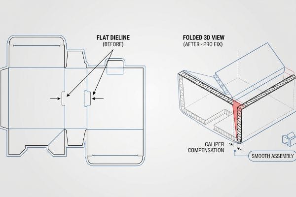 Caliper Compensation Dieline Fix Technical diagram showing a Flat Dieline (Before) and a Folded 3D View (After - Pro Fix) with Caliper Compensation for smooth corrugated box assembly.