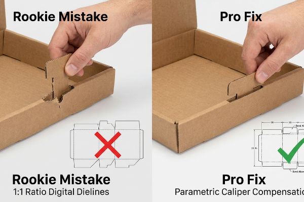 Brown corrugated cardboard box assembly comparing a Rookie Mistake of 1:1 Ratio Digital Dielines causing a tab tear, with a Pro Fix using Parametric Caliper Compensation for smooth fit.