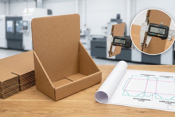 Brown corrugated PDQ display box with a digital caliper measuring 1.50 mm E-flute board and a dieline blueprint showing Caliper Compensation.