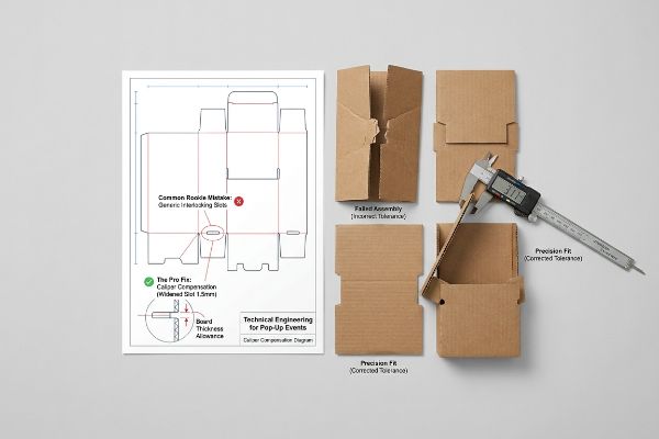 Technical diagram for Caliper Compensation, showing a 3.17mm corrugated board, failed assembly, and precision fit with corrected tolerance for pop-up events.