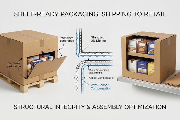 Corrugated shelf-ready packaging, tear-away perforations, dieline with Caliper Compensation, 2.4mm tolerance, and retail display.