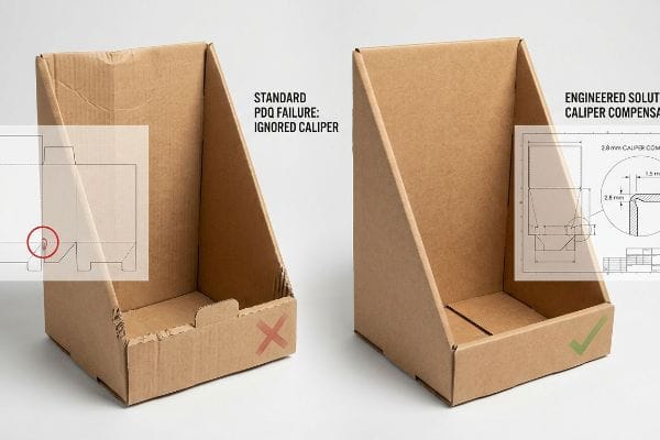 Corrugated displays comparing 'Standard PDQ Failure: Ignored Caliper' (red X) to 'Engineered Solution: Caliper Compensation' (green check).
