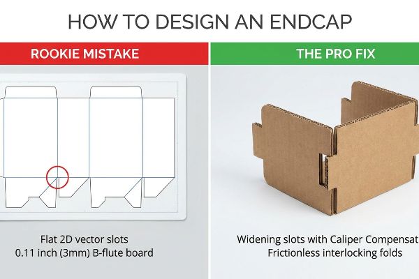 Flat 2D vector slots for 0.11 inch (3mm) B-flute board, a rookie mistake, contrasted with the pro fix of caliper compensated, frictionless interlocking endcap folds.