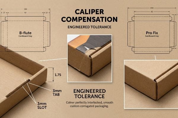 Kaliberkompensation für B-Wellen-Verpackungen, die eine enge 3-mm-Lasche und -Nut im Vergleich zur Pro Fix-Ecke zeigt.