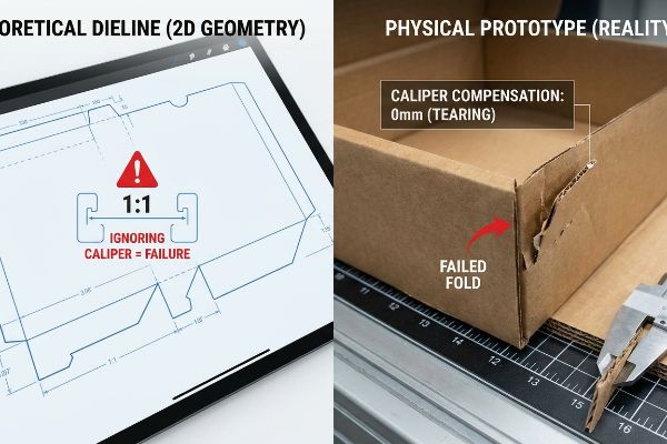 A split image shows a digital dieline on a tablet with a '1:1 Ignoring Caliper = Failure' warning, alongside a physical corrugated box prototype with a 'Failed Fold' and 'Caliper Compensation: 0mm (Tearing)'.