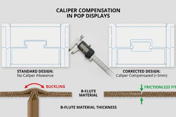 B-flute material thickness diagram illustrates caliper compensation in POP displays, contrasting buckling with frictionless fit (+3mm).