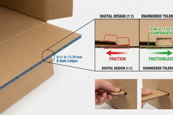 Corrugated B-flute cardboard, 0.11 in / 2.79 mm Caliper, contrasts Digital Design Friction with Engineered Tolerance 0.06 in / 1.52 mm Compensation for Frictionless tab assembly.