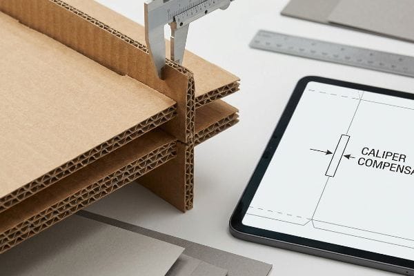 Double-wall corrugated fiberboard measured by a caliper, next to a tablet displaying Caliper Compensation diagram.