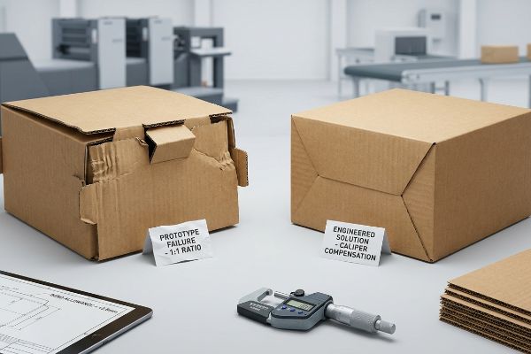 Brown corrugated boxes demonstrate packaging engineering: a 'Prototype Failure - 1:1 Ratio' box with misaligned flaps contrasts with a perfectly assembled 'Engineered Solution - Caliper Compensation' box. A digital micrometer and CAD blueprint on a tablet emphasize precision.