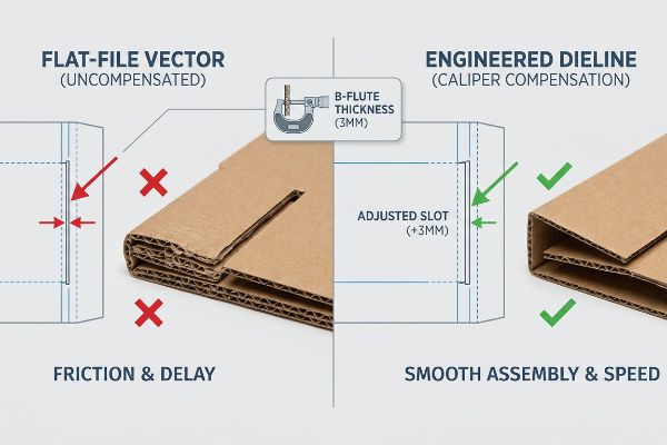Corrugated cardboard comparison: uncompensated Flat-File Vector causes friction, while Engineered Dieline with Caliper Compensation and a 3mm adjusted slot ensures smooth assembly.