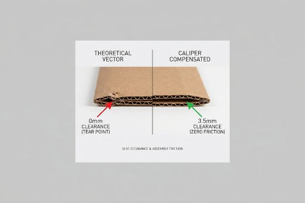 Corrugated C-flute board edge illustrating Theoretical Vector's 0mm Clearance (Tear Point) versus Caliper Compensated 3.5mm Clearance (Zero Friction) for optimal slot assembly.