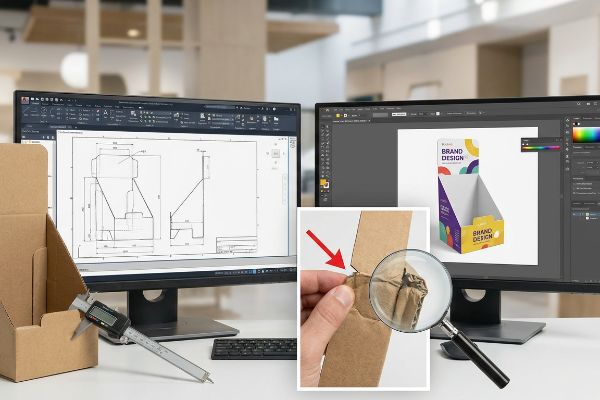 A digital caliper and magnified corrugated cardboard illustrate material thickness for a retail display designed in CAD and graphic software with 'Brand Design'.