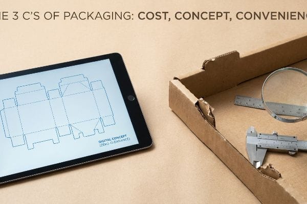 Caliper measuring corrugated cardboard next to a tablet displaying a digital packaging dieline, illustrating The 3 C's of Packaging: Cost, Concept, Convenience and Digital Concept (Zero Clearance).
