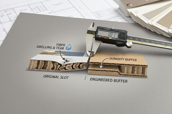 Digital caliper measures 1.01 mm, contrasting corrugated cardboard's torn 'Original Slot' (Fiber Swelling & Tear) with an intact 'Engineered Buffer' (Humidity Buffer).