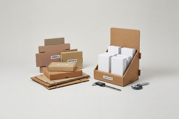 Brown corrugated cardboard display components, some unassembled, with labels 'Broker A' and 'Factory B', next to a retail POP display stand holding white boxes labeled 'Turnkey Solar Co.', with a caliper and micrometer for precise measurement.