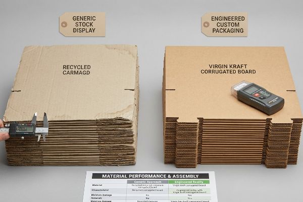 Digital caliper measures 0.04 inches swelling on Generic Stock Display's Recycled Carmagd board, contrasting with Virgin Kraft Corrugated Board for Engineered Custom Packaging.