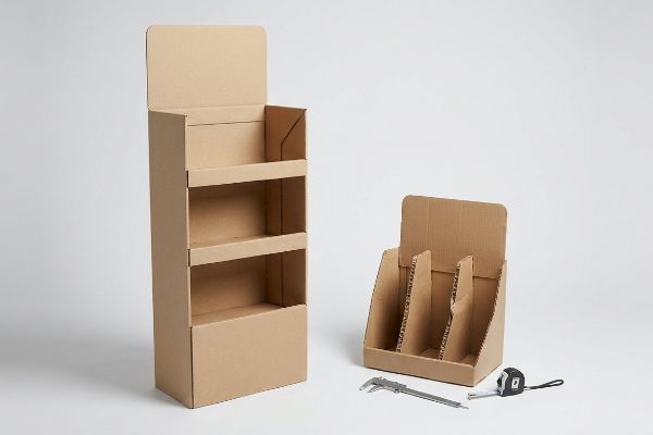 Natural brown corrugated cardboard floor display and counter unit with a caliper and measuring tape, highlighting structural bend allowances.