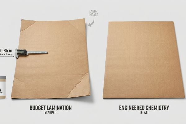 Corrugated cardboard panels comparing Budget Lamination's 0.85 in inward warp, measured by a caliper, against a perfectly flat Engineered Chemistry panel, noting Labor Impact.