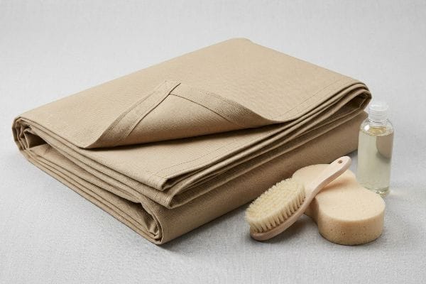 Neatly folded beige canvas fabric, soft brush, sponges, and mild soap for gentle cleaning.