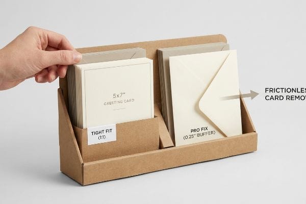 Brown cardboard display comparing a Tight Fit (1:1) 5x7" Greeting Card slot with a Pro Fix (0.25" Buffer) for Frictionless Card Removal.