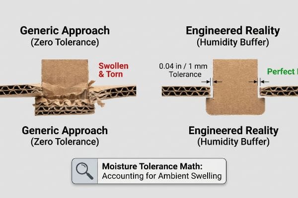 Corrugated cardboard comparison: Generic Approach (Zero Tolerance) with Swollen & Torn joint vs. Engineered Reality (Humidity Buffer) with 0.04 In / 1 Mm Tolerance for a Perfect Fit, demonstrating Moisture Tolerance Math.