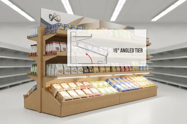 Cardboard retail shelf display with a 15° Angled Tier diagram, highlighting gravity-feed for enhanced product visibility.
