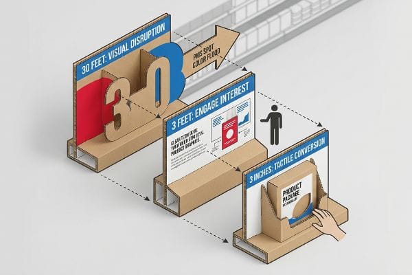 Cardboard isometric display illustrating the 3-3-3 rule: