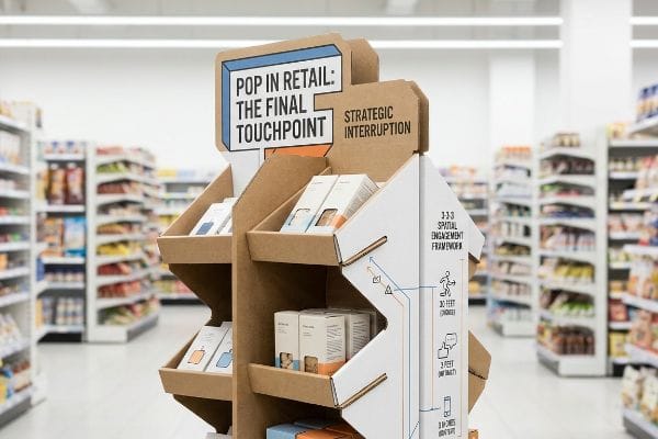 Cardboard POP display in a grocery aisle, featuring 