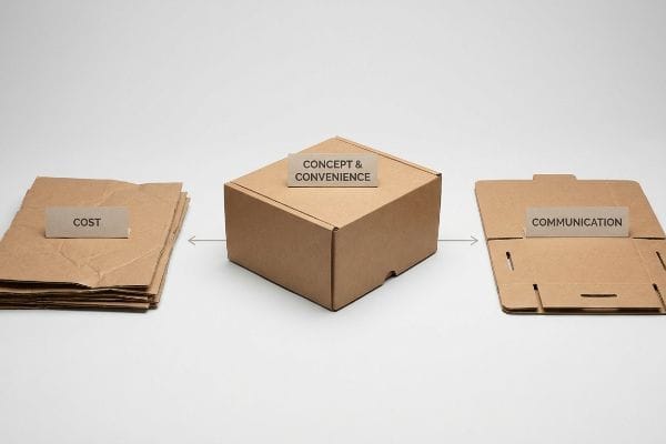 Crumpled cardboard sheets for Cost, a box for Concept & Convenience, and an unfolded sheet for Communication, illustrating packaging's 4 C's.